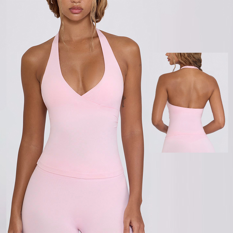 Women's Breathable Lightweight Backless Vest Solid Color V-Neck Sleeveless Yoga Shirt with Front Logo Fashion Design