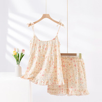 Pyjama d'été floral en pur coton sans col pour femme, ensemble caraco et short avec coussinets de poitrine, en gaze fine 121-140g/m, tenue d'intérieur douce