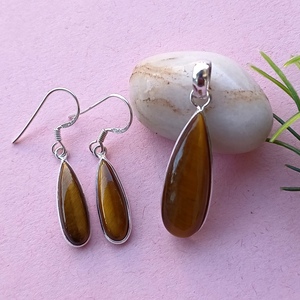 Tiger Eye Top Quality Gemstone Pear Shape Cut Stone <b>Solid</b> <b>Silver</b> Earring With Pendant Gemstone For Women Bulk Suppliers - Product Image 2