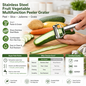Éplucheur de légumes 3-en-1 en acier inoxydable, râpe à fruits multifonction rotative avec poignée ergonomique, vente en gros directe d'usine - Product Image 1