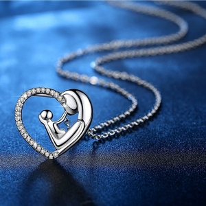 Collane <span class=keywords><strong>con</strong></span> Ciondolo a Cuore in Argento e Oro <span class=keywords><strong>con</strong></span> Zirconi, Charm Madre Figlia Figlio Mamma Bambino, Regalo per la Festa della Mamma - Product Image 2