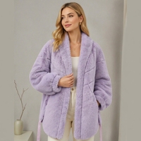 Veste en fausse fourrure de vison polyester lavande pour femme, col en V, poignets bouffants, ruban en satin, ouverture sur le devant, vêtement d'extérieur en fourrure de luxe