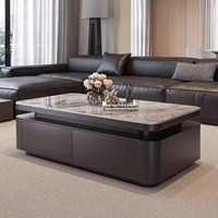 Table basse moderne de luxe léger, durable et portable, en pierre frittée, avec double tiroirs de rangement, coins arrondis, anti-collision