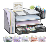 Organizador de Archivos de Escritorio de 4 Niveles con Cajón y 2 Portaplumas, Accesorios de Oficina, Organizador de Archivos, Organizador de Espacio de Trabajo, Gris