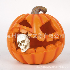 Halloween Pumpkin <b>Lantern</b> With Skull Ornament Indoor Decoration Synthetic Resin Party Prop - Product Image 5