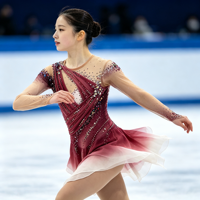 Costume de patinage artistique à manches longues pour enfants et adultes, robe en maille dégradée rouge vin avec strass pour spectacle sur glace et compétition