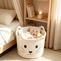 Panier de rangement en corde de coton pour chat, blanc crème, motif visage de chat mignon, pour chambre d'enfant, chambre à coucher, salon, décoration intérieure