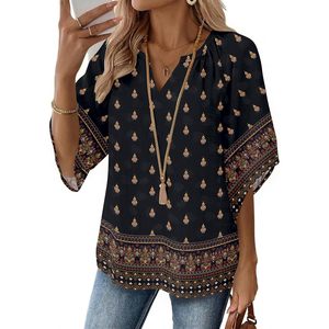 Blusa Bohemia para Mujer, Manga 3/4, Cuello en V, Estampado Floral, Corte Holgado, Túnica Informal de Chifón, para Uso Diario - Product Image 1