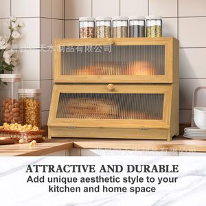 Boîte à pain en bambou avec porte transparente, couleur bois naturel, motif en treillis, rangement de cuisine - Product Image 4