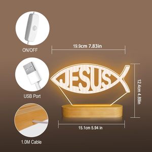 Luz de noche <span class=keywords><strong>3D</strong></span> con forma de pez de Jesús, lámpara de mesa de Color cálido óptico de ilusión de madera LED, conmemoración cristiana religiosa de Navidad - Product Image 3