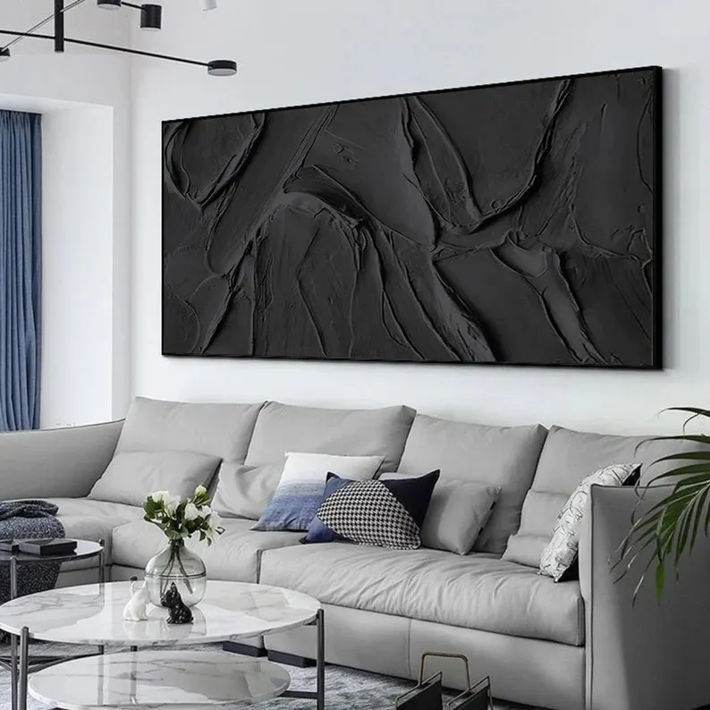 لوحة زيتية كبيرة سوداء وبيضاء مجردة ثلاثية الأبعاد مصنوعة يدويًا لوحة ديكور غرفة منزل حديثة Cuadros