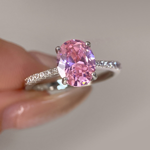 <b>Blush</b> Pink Oval Cut Cubic Zirconia Ring Brass 18K White Gold Plated Solitaire Pave Band Engagement Promise Ring for Women Bulk - Product Image 1