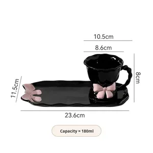 Diseño de lazo Girly Like Pretty Juego de <span class=keywords><strong>tazas</strong></span> de cerámica Taza de café con patas exquisitas con plato de postre para uso doméstico y de café de fiesta - Product Image 2