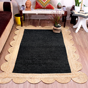 Tapis artisanal en jute naturelle noire à bord festonné, tapis de sol tissé à la main, style bohème et rustique, tapis décoratif pour la maison - Product Image 1