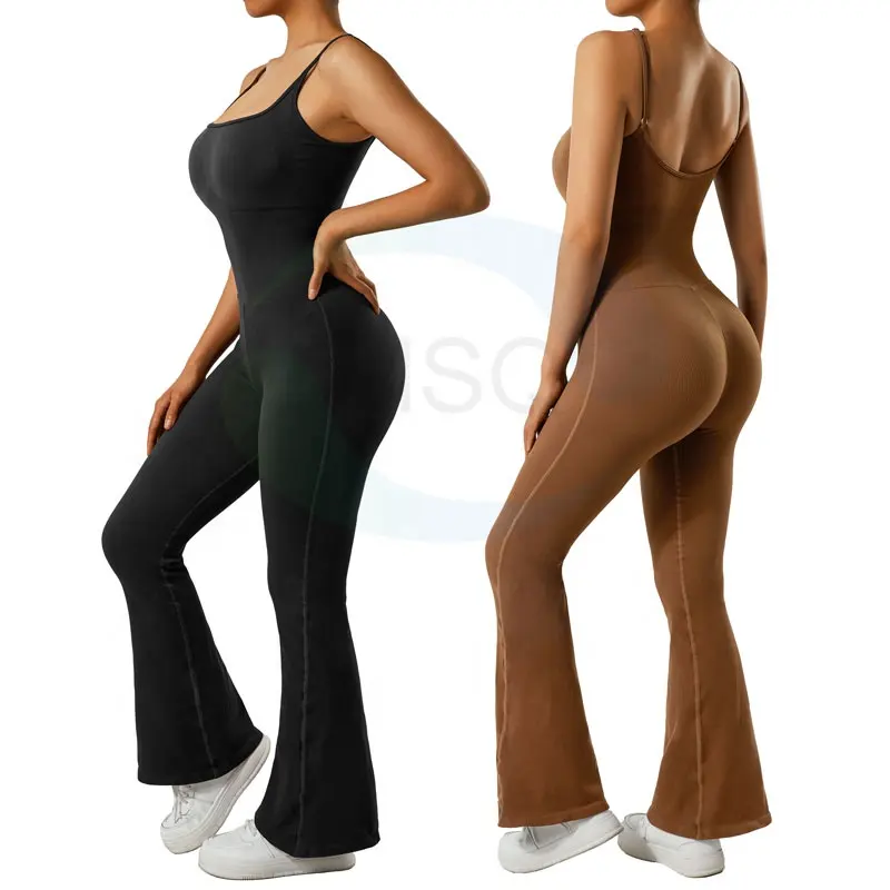 New Backless High Elastic Activewear Romper Seamless Ribbed Yoga Scrunch Butt Jumpsuit Workout One Piece Flared jumpsuits