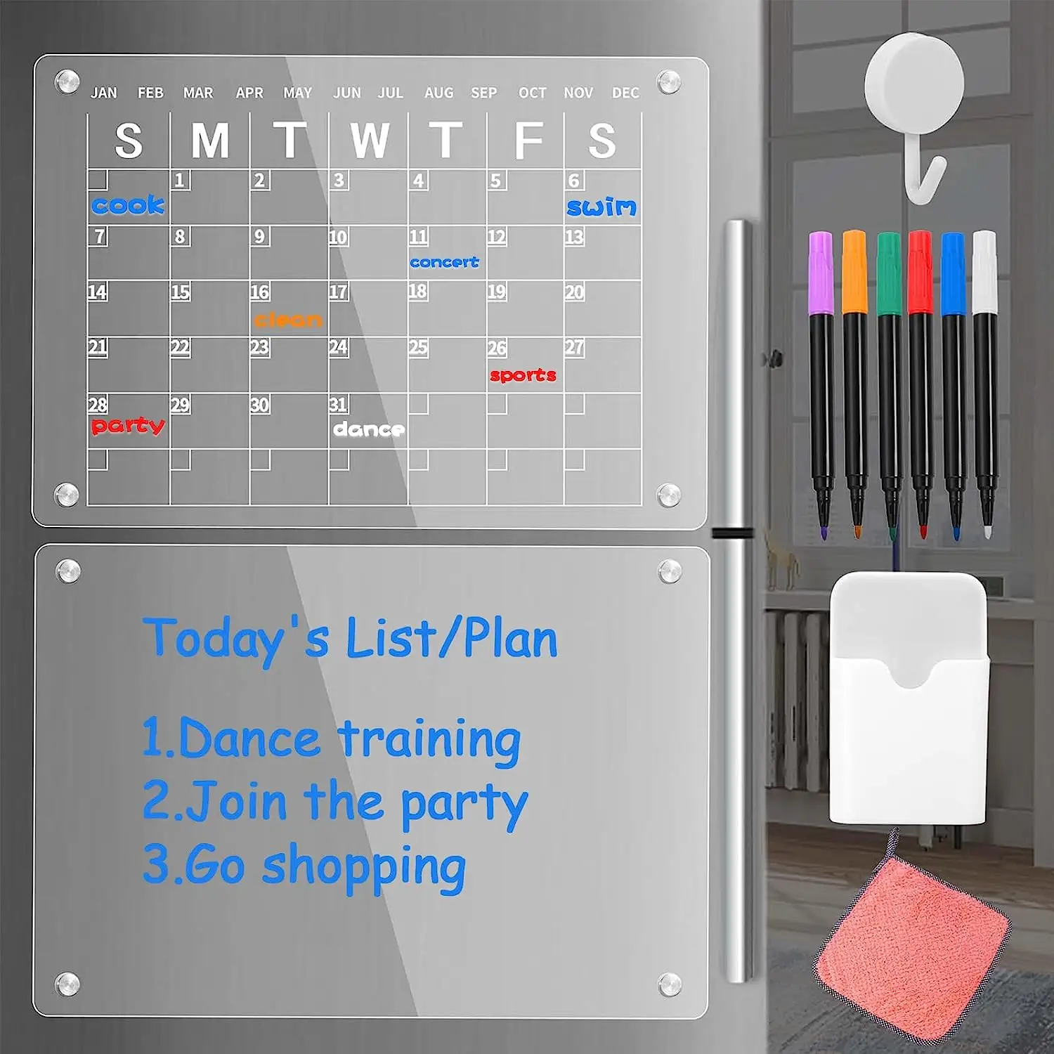 Clear Dry Erase Calendar Board with 6 Markers, Pen Holder, Rag and Hooks - 16''x12'