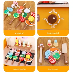Juego de juguete para parrilla de barbacoa de madera para niños con pinchos y carrito para juego de simulación interactivo, diversión de cocina y juego de rol educativo - Product Image 5