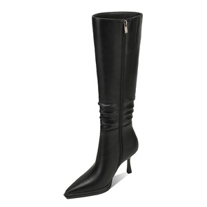 Bottes hautes noires froncées à <span class=keywords><strong>talon</strong></span> aiguille et bout pointu <span class=keywords><strong>pour</strong></span> femme Moncheer, avec fermeture éclair, rehaussantes, <span class=keywords><strong>pour</strong></span> l'été, l'hiver et l'automne - Product Image 4