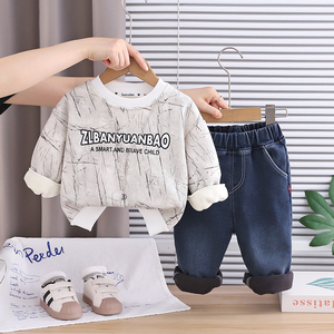 Ropa de calle informal para niños de invierno 2025, Sudadera con capucha y letras relámpago, collar desmontable, conjunto de pantalones vaqueros con parche, tela tejida de 1-5 años, dibujos animados - Product Image 3