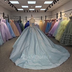 ชุดราตรีงาน Quinceanera สีฟ้าหรูหรา รุ่น Dy6854 ผ้าชีฟอง เอวธรรมชาติ แต่งลูกไม้ประดับเลื่อม งานปักลายฉลุ สำหรับงาน Sweet16 ป้องกันไฟฟ้าสถิตที่ไหล่ - Product Image 5