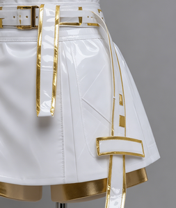 Costume de scène K-Pop pour <span class=keywords><strong>femme</strong></span> East Costume, combinaison en cuir verni blanc et or avec manches transparentes, en stock - Product Image 4