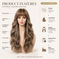 Perruque synthétique longue ondulée effet mouillé avec frange, mèches caramel châtain cendré, résistante à la chaleur, effet naturel, pour femme, directement de l'usine