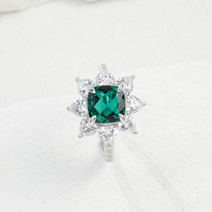 925 Sterling <b>Silver</b> Lab-Created <b>Emerald</b> <b>Ring</b> 8mm Cushion Cut Sunflower Halo Statement <b>Ring</b> - Product Image 4