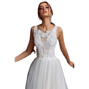 V Neck White Knitted Backless A Line Wedding Dress Natural Waist Off White Polyester Fiber - Product Image 5