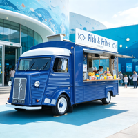 Food Truck pour la vente de rue, doté d'un moteur autopropulsé et d'une cuisine complète, proposant des burgers grillés au charbon de bois, des gaufres au chocolat et des friandises.