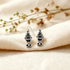 Boucles d'oreilles en argent 925 avec améthyste, design géométrique vintage, bijoux pour femme, usage quotidien, sertissage clos - Product Image 2