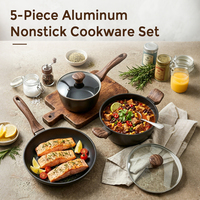 Set Peralatan Masak Anti Lengket Aluminium Tempa 5Pcs Gagang Motif Kayu Kompatibel Induksi Set Panci dan Wajan Dapur