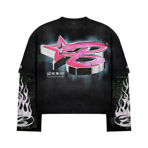 Diseño personalizado gráficos camisas de algodón de manga larga de gran tamaño <span class=keywords><strong>Cid</strong></span> Wash Boxy recortada empalme de doble capa Camiseta de manga larga - Product Image 6