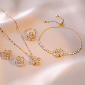 Fashion Jewelry Sets <strong>Stainless</strong> <strong>Steel</strong> <strong>Chain</strong> Cat's Eye Zircon Four Leaf Clover Necklace Rotatable Bracelet Earrings Ring for Women - Product Image 2