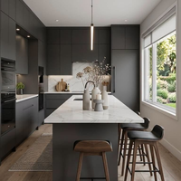 Plan de travail moderne en quartz écologique, îlot de cuisine, armoire, crédence, robinet, évier, panier, tiroir, finition mate ou brillante