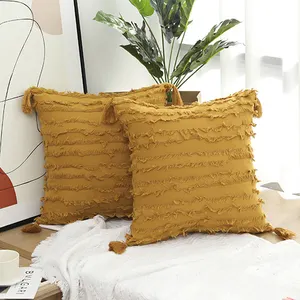 Almofada de algodão e linho com franjas para decoração de casa, fronha decorativa de 18x18 polegadas com borlas, travesseiros para sofá-cama