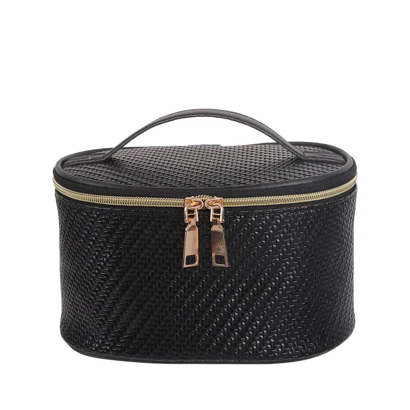 Customizable Woven Makeup Bag PU Leather Makeup Pouch Skincare Cosmetic Partition Storage Bag Waterproof Toiletry Bag