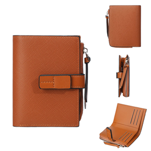 WRIZA Cartera de cuero genuino con cierre de cremallera corta, tarjetero multifuncional, diseño minimalista unisex, cuero marrón - Product Image 1
