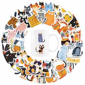 50 autocollants réutilisables imperméables à l'eau avec motif de chat de dessin animé mignon pour bouteilles d'eau, valises, ordinateurs portables - Product Image 1