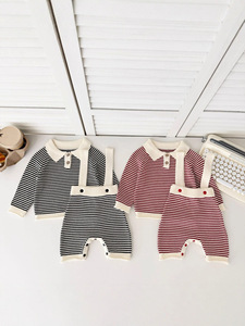 Conjunto de Ropa Tejida de 2 Piezas para Primavera/Otoño, Algodón, Pantalones a Rayas para Bebés y Niños Pequeños, Ropa para Bebés al por Mayor - Product Image 1