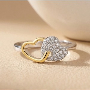 Romantique Cubique Zircone Deux Tons Conception Anniversaire <span class=keywords><strong>De</strong></span> Fiançailles <span class=keywords><strong>De</strong></span> Mariage Femmes En Argent Sterling 925 <span class=keywords><strong>Double</strong></span> Coeur Anneau Saint Valentin - Product Image 3