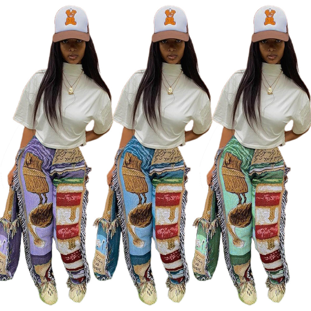 Dvacaman 2021 Fall Winter Fashion Print Loose Casual Pants Plus Size Women Clothing Tassel Trousers Women's Pants & Trousers