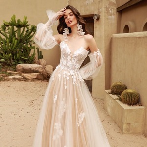 A-Line Tulle Wedding Dress Sweetheart Neckline Empire Waist Nude Back Straps Vintage Style Outdoor Bridal Gown - Product Image 1