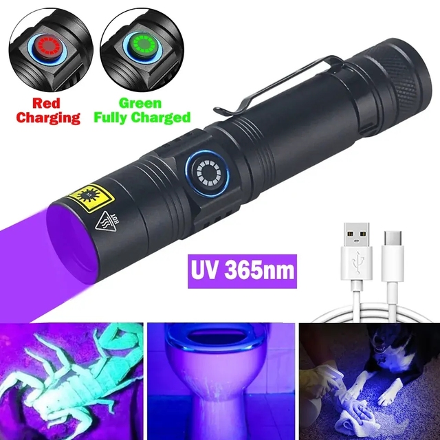 18650 Battery Type C USB Rechargeable Mini UV Flashlight 365nm Black Light Detector Aluminum Alloy Body for Camping