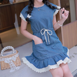 Abito Estivo Casual da <span class=keywords><strong>Donna</strong></span> <span class=keywords><strong>in</strong></span> Denim con Orlo Arricciato e Bottoni, Collo Tondo, Lunghezza Midi, Stile <span class=keywords><strong>Jeans</strong></span> Semplice e alla Moda - Product Image 3