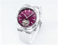 Montre de luxe haut de gamme pour hommes d'affaires, tourbillon, cadran en cristal saphir rouge vin, bracelet en acier inoxydable, réserve de marche automatique
