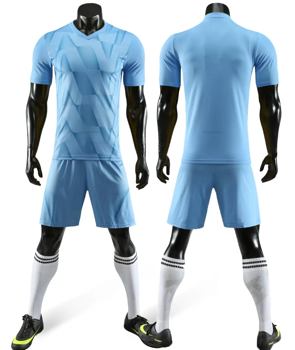 Özel yüceltilmiş en kaliteli erkek ve kadınlar Sky Blue futbol formaları futbol formaları seti yetişkin futbol tişörtü-şort