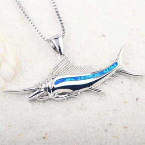 Hawaii style 925 sterling silver blue <strong>opal</strong> marlin fish pendant <strong>necklace</strong> for men summer jewelry - Product Image 5