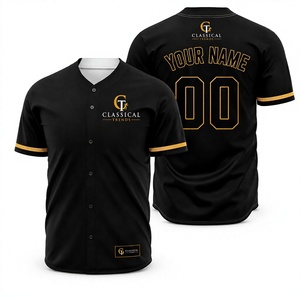Classical Trends Baseball Jersey Men Black Gold Trim Short Sleeve Button Front Custom <b>Name</b> Number Team Apparel - Product Image 1