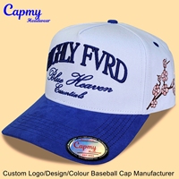 Topi Baseball 5 Panel Custom Logo Wanita Pria, Model Crown Sedang-Tinggi, Brim Melengkung, Topi Frame, Topi A-Frame, Snapback Suede