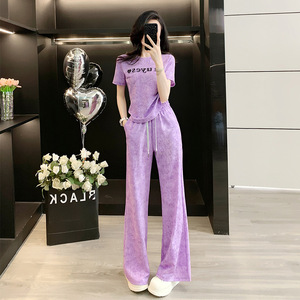 Ensemble décontracté pour femme, été 2025, nouvelle collection haut de gamme, <span class=keywords><strong>violet</strong></span> tie-dye, coupe ample, <span class=keywords><strong>pantalon</strong></span> large une pièce, ensemble deux pièces - Product Image 4